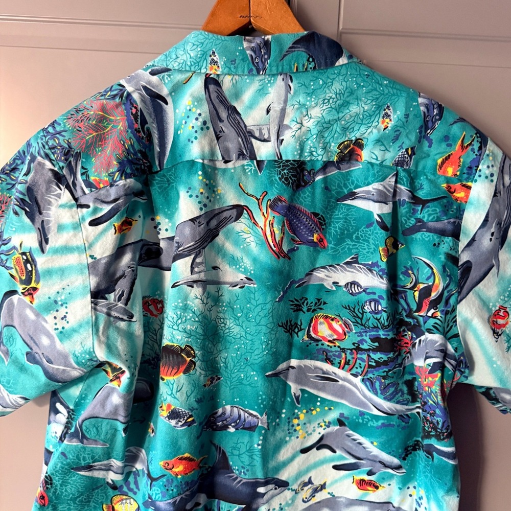 Kolekole Vintage Mens Hawaiian Marine Life Aloha Shirt, Teal, M - Picture 6 of 12
